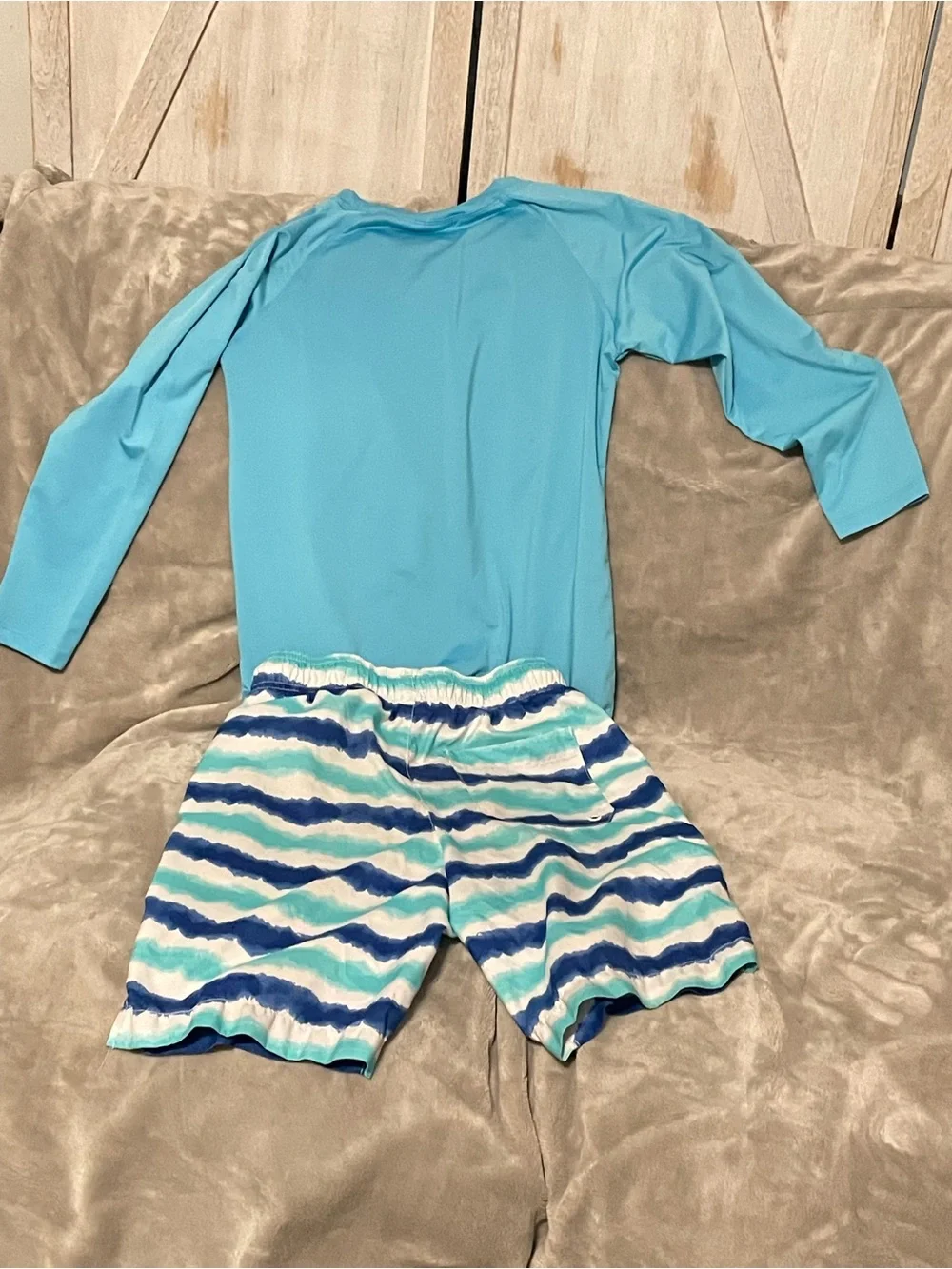 Kids Blue Beach Pajama Set - Long Sleeve Top & Striped Shorts